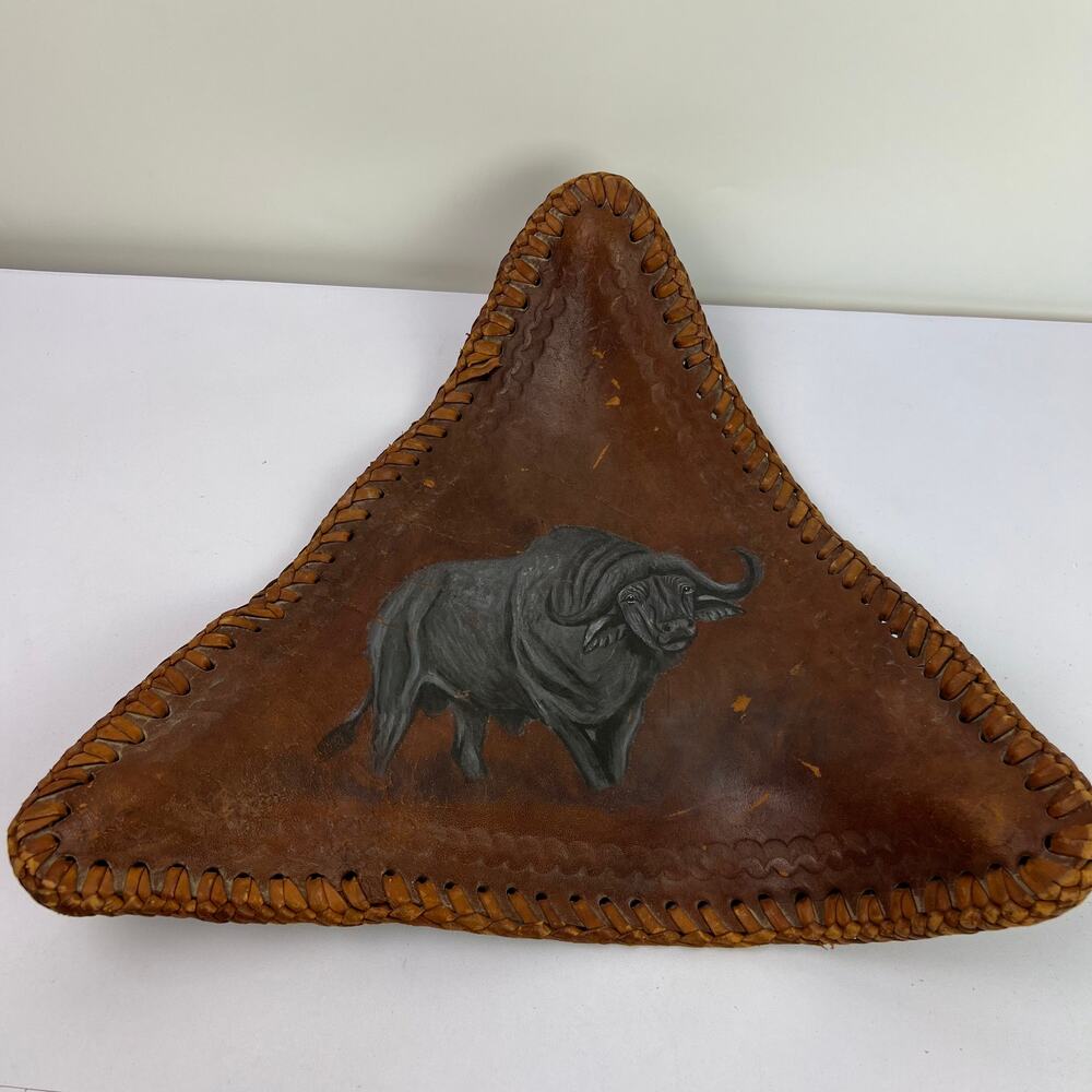 Vintage Brown Leather Tripod Seat Cover Painted Folk Art Oxen 15" Saddle Stool